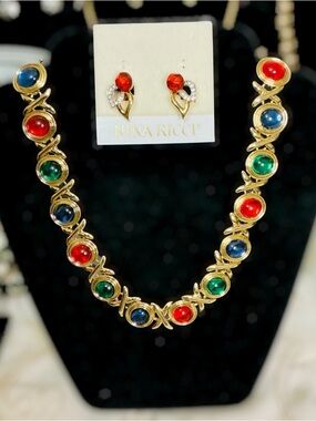 Nina Ricci Earrings & GashionGold-Tone Necklace with Red, Green & Blue Cabochons